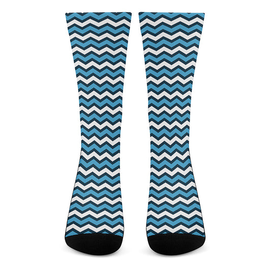 Blue And White Zigzag Pattern Print Crew Socks