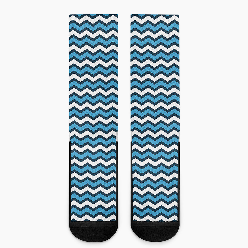 Blue And White Zigzag Pattern Print Crew Socks