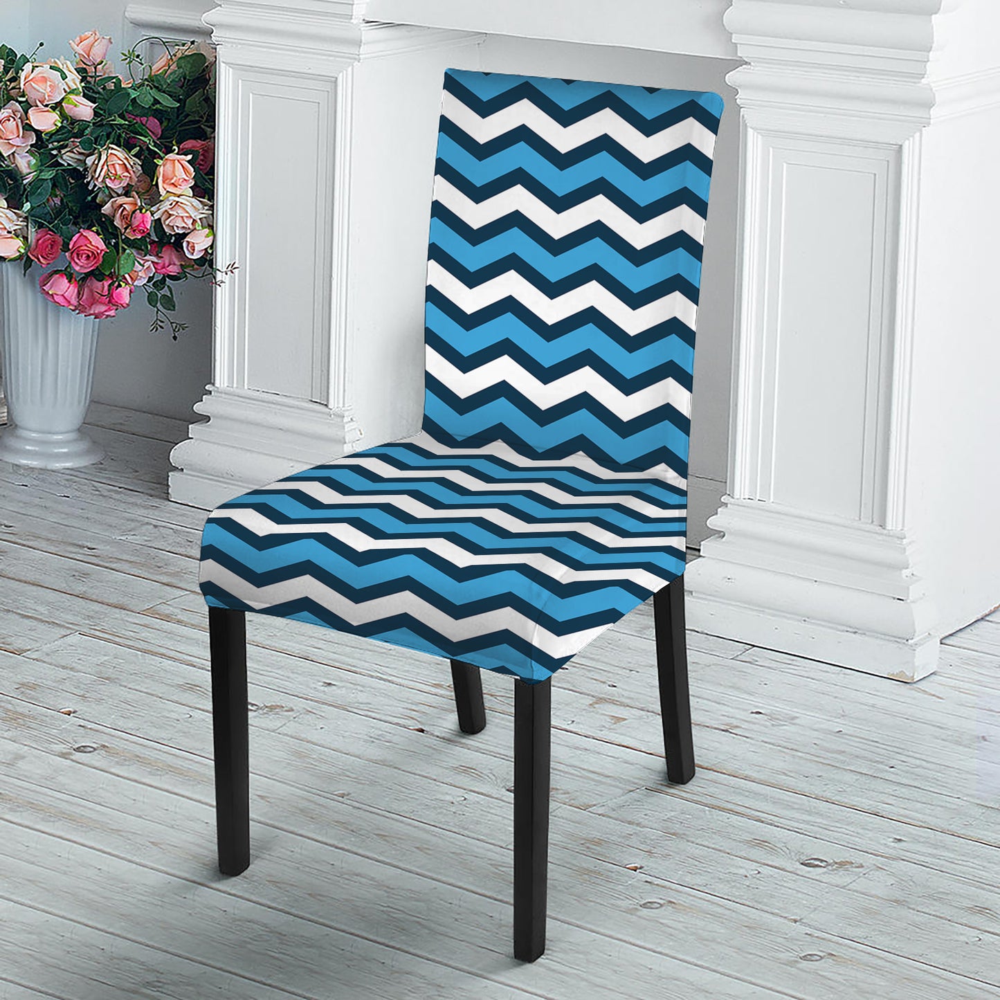 Blue And White Zigzag Pattern Print Dining Chair Slipcover