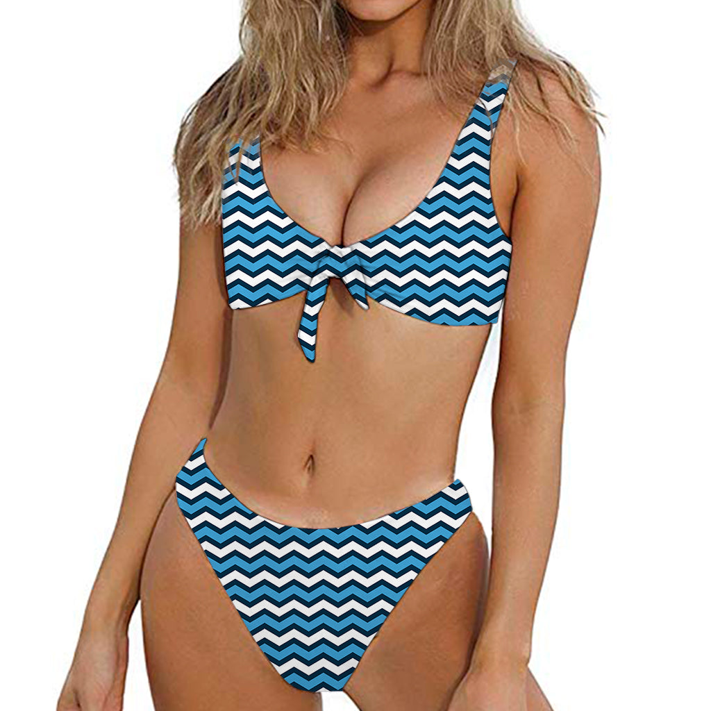Blue And White Zigzag Pattern Print Front Bow Tie Bikini