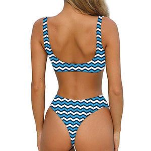 Blue And White Zigzag Pattern Print Front Bow Tie Bikini