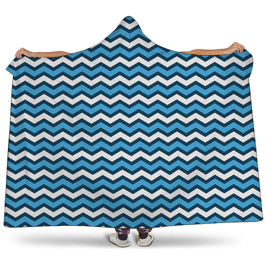 Blue And White Zigzag Pattern Print Hooded Blanket