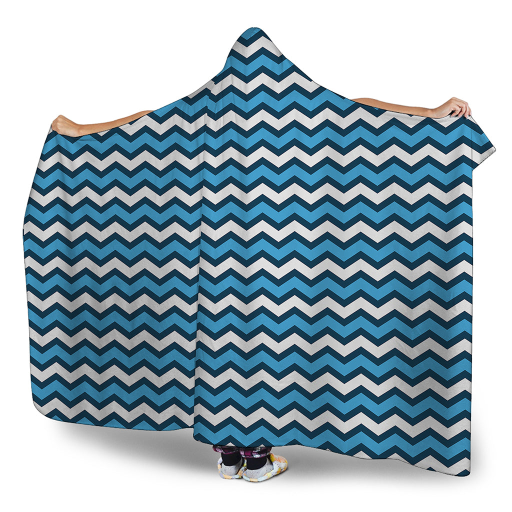 Blue And White Zigzag Pattern Print Hooded Blanket