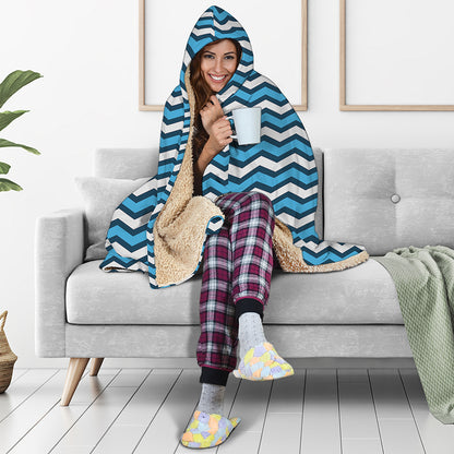 Blue And White Zigzag Pattern Print Hooded Blanket