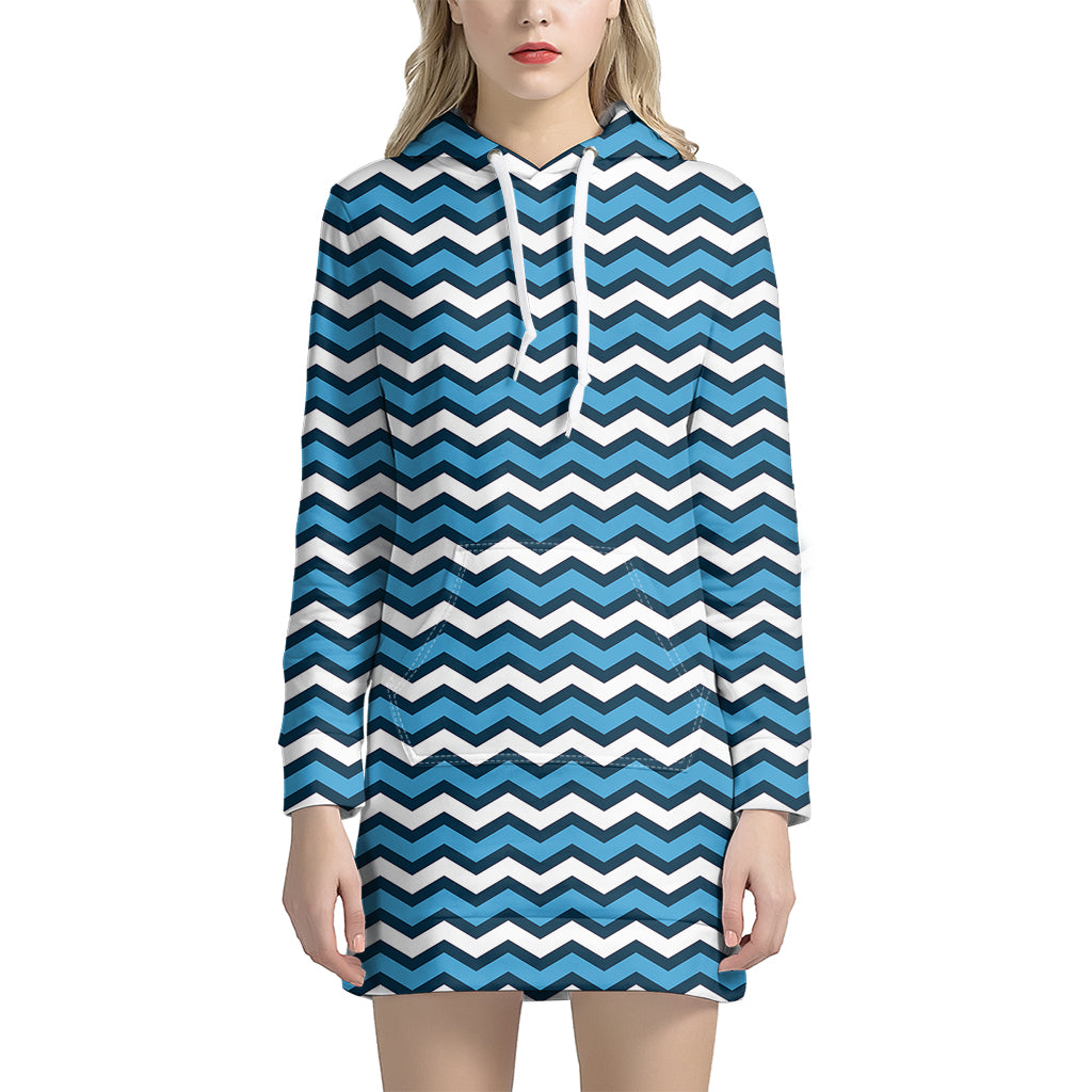 Blue And White Zigzag Pattern Print Hoodie Dress