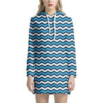 Blue And White Zigzag Pattern Print Hoodie Dress