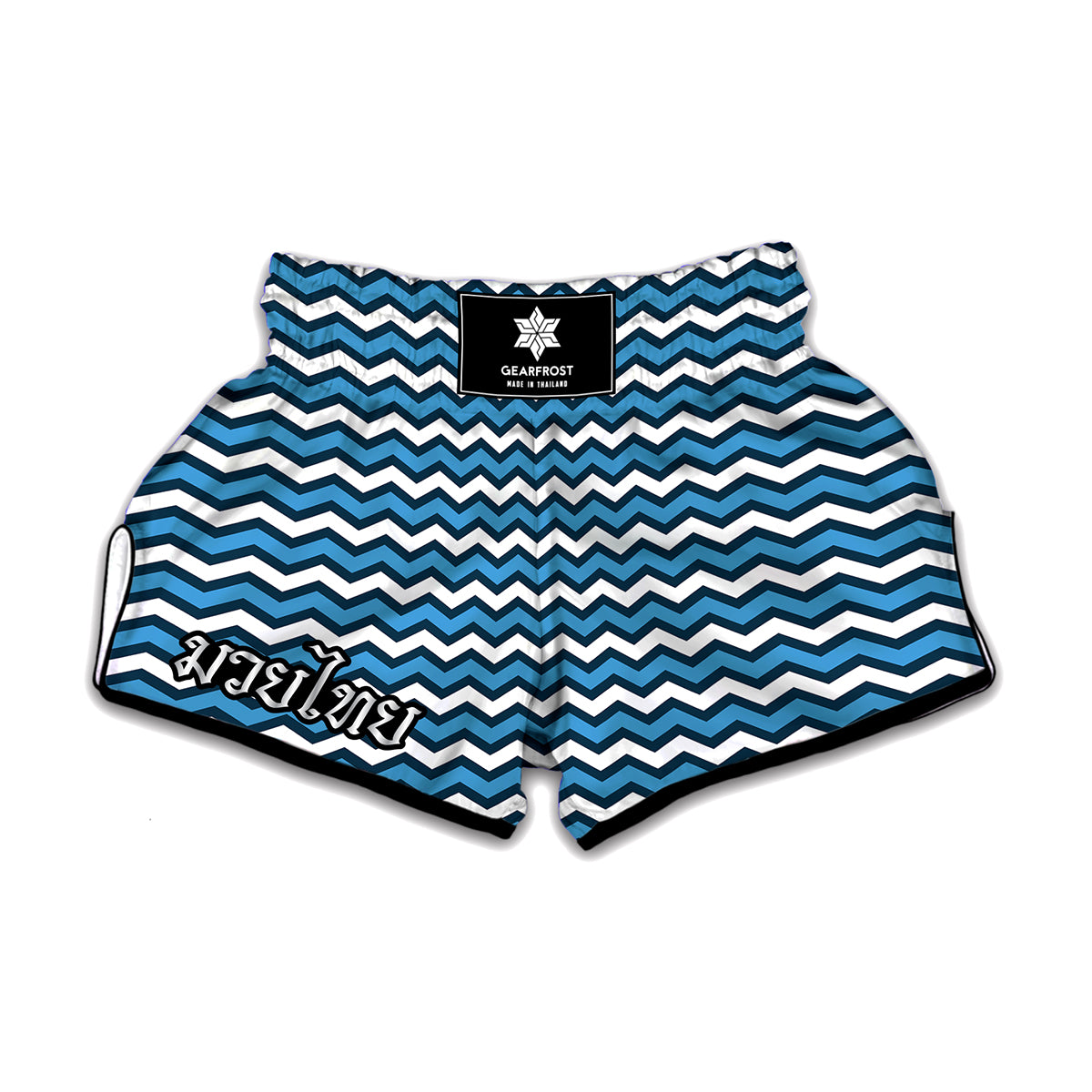 Blue And White Zigzag Pattern Print Muay Thai Boxing Shorts