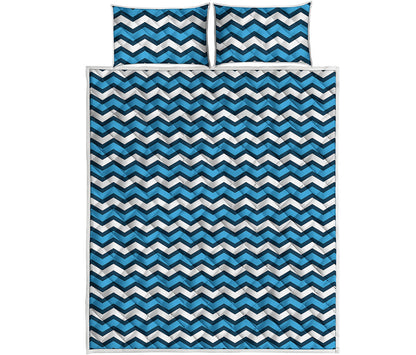 Blue And White Zigzag Pattern Print Quilt Bed Set
