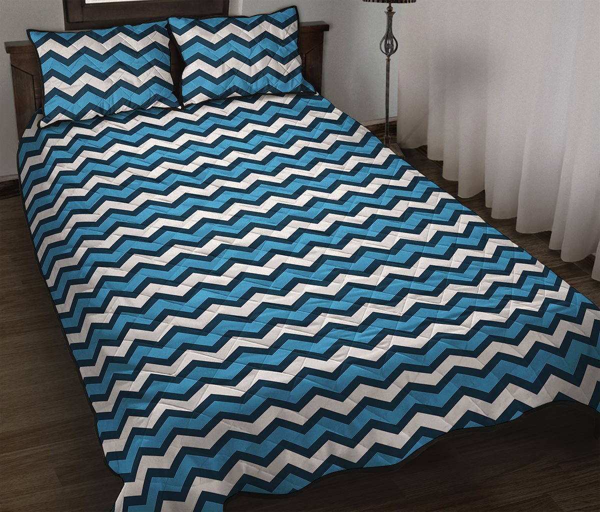 Blue And White Zigzag Pattern Print Quilt Bed Set