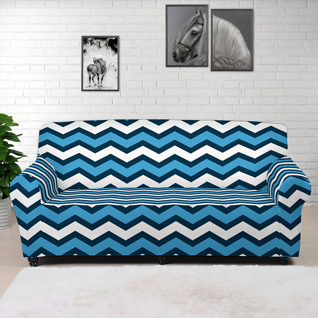 Blue And White Zigzag Pattern Print Sofa Cover