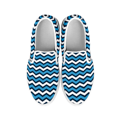 Blue And White Zigzag Pattern Print White Slip On Shoes