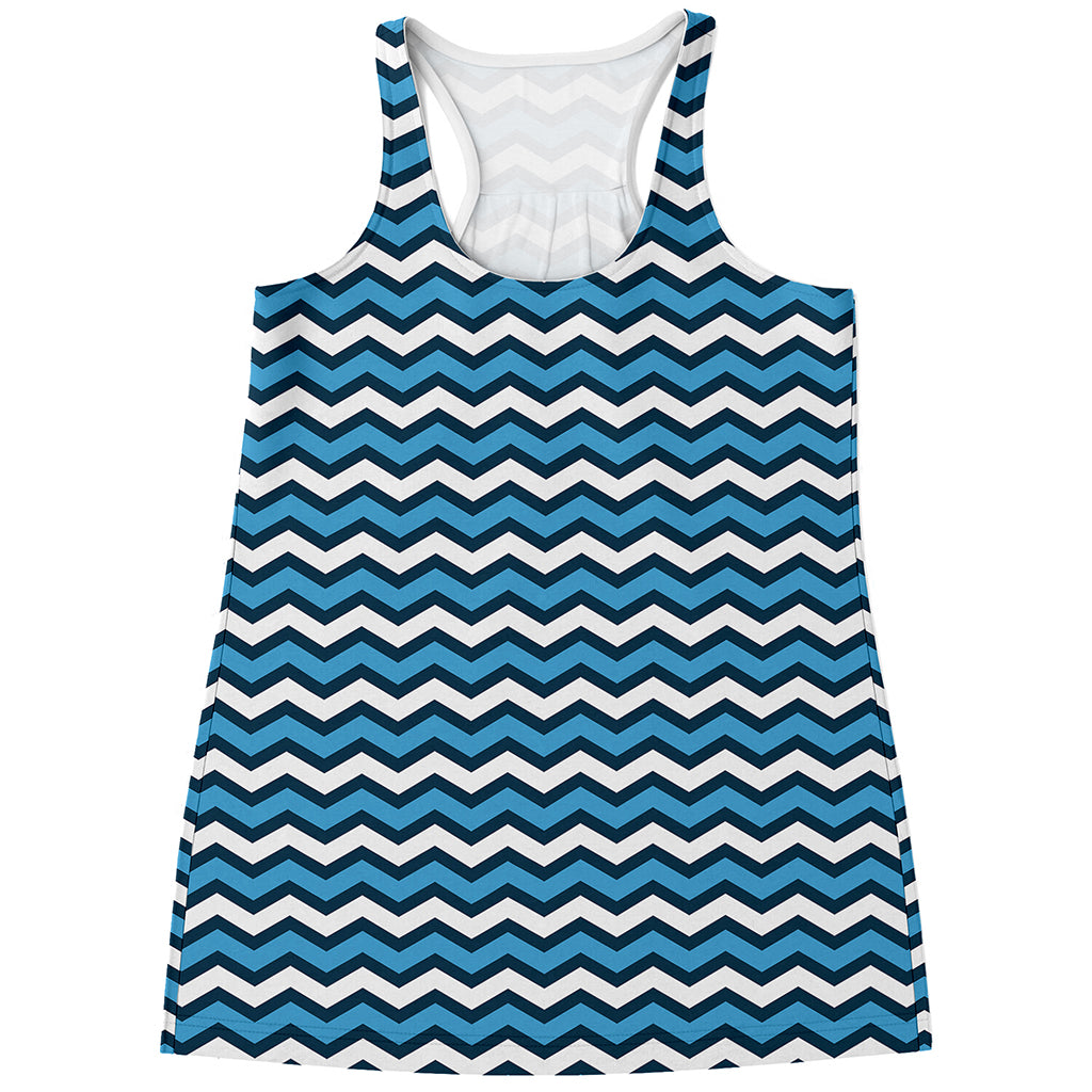 Blue And White Zigzag Pattern Print Women's Racerback Tank Top
