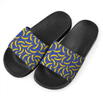 Blue And Yellow Banana Pattern Print Black Slide Sandals