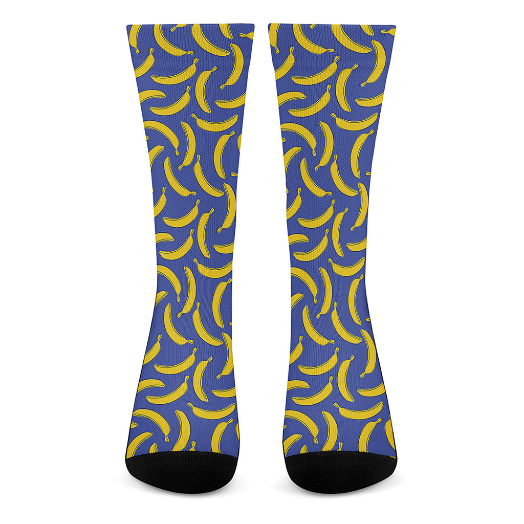 Blue And Yellow Banana Pattern Print Crew Socks