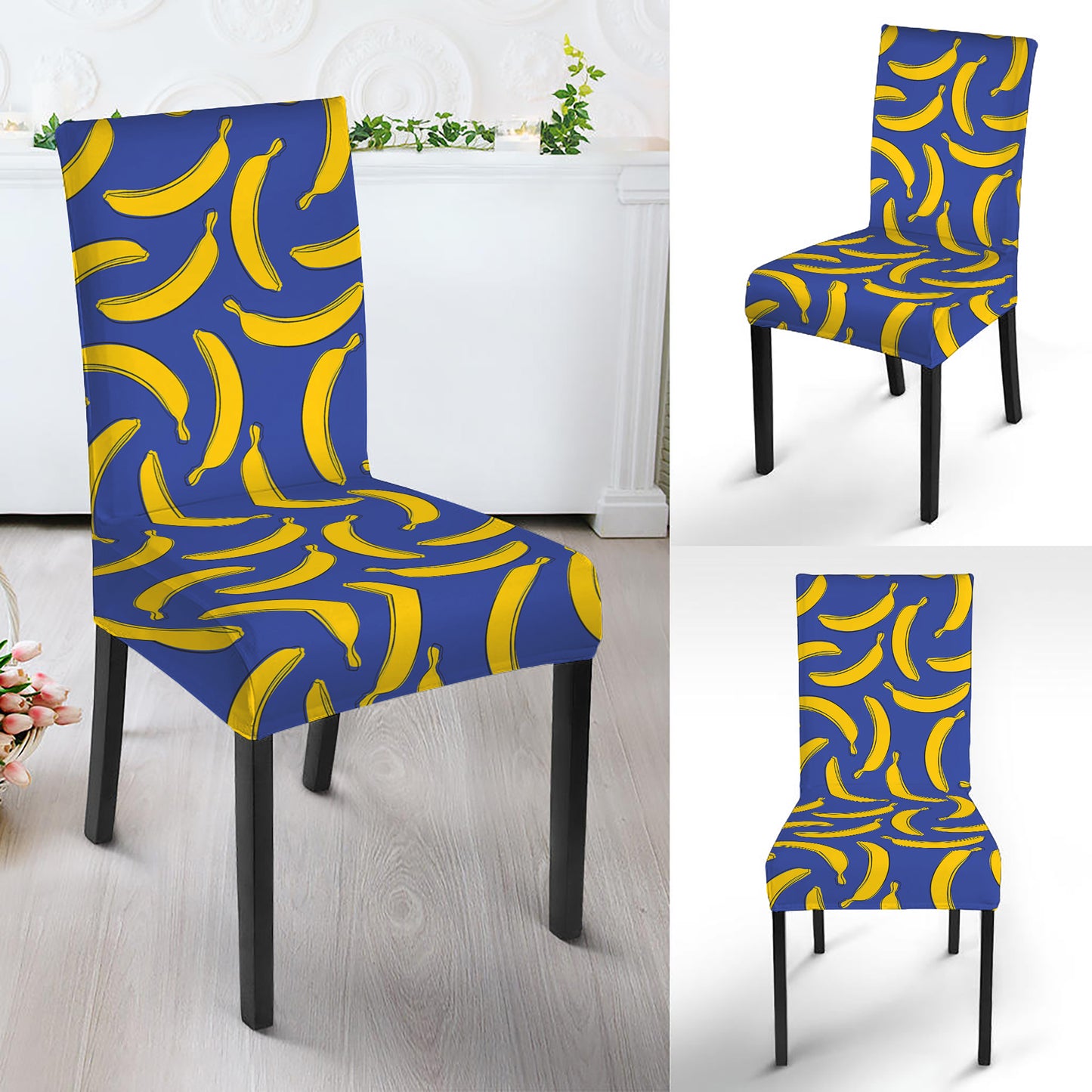 Blue And Yellow Banana Pattern Print Dining Chair Slipcover