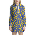 Blue And Yellow Banana Pattern Print Pullover Hoodie Dress