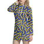 Blue And Yellow Banana Pattern Print Hoodie Dress