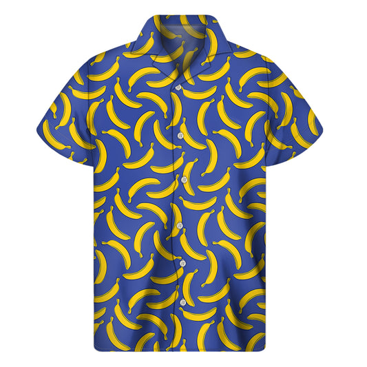 Blue And Yellow Banana Pattern Print Men's Short Sleeve Shirt
