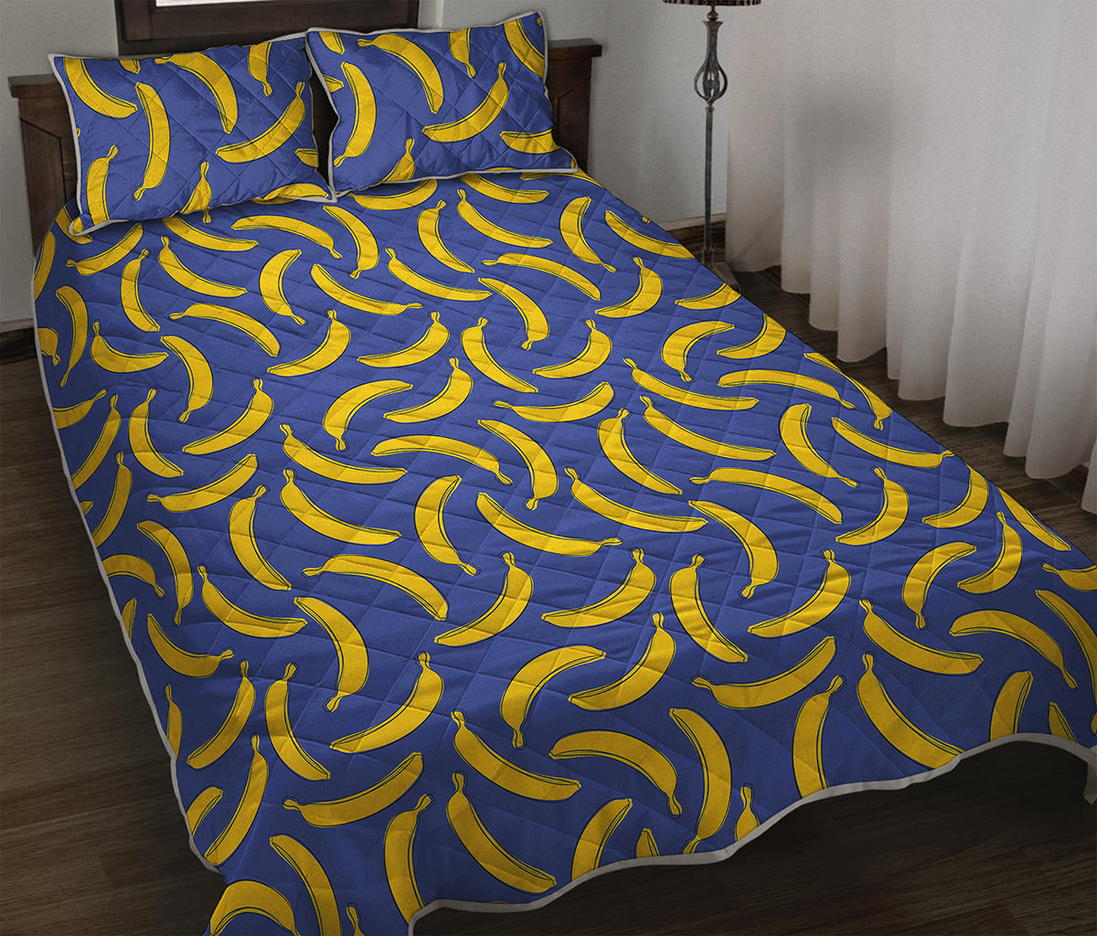 Blue And Yellow Banana Pattern Print Quilt Bed Set