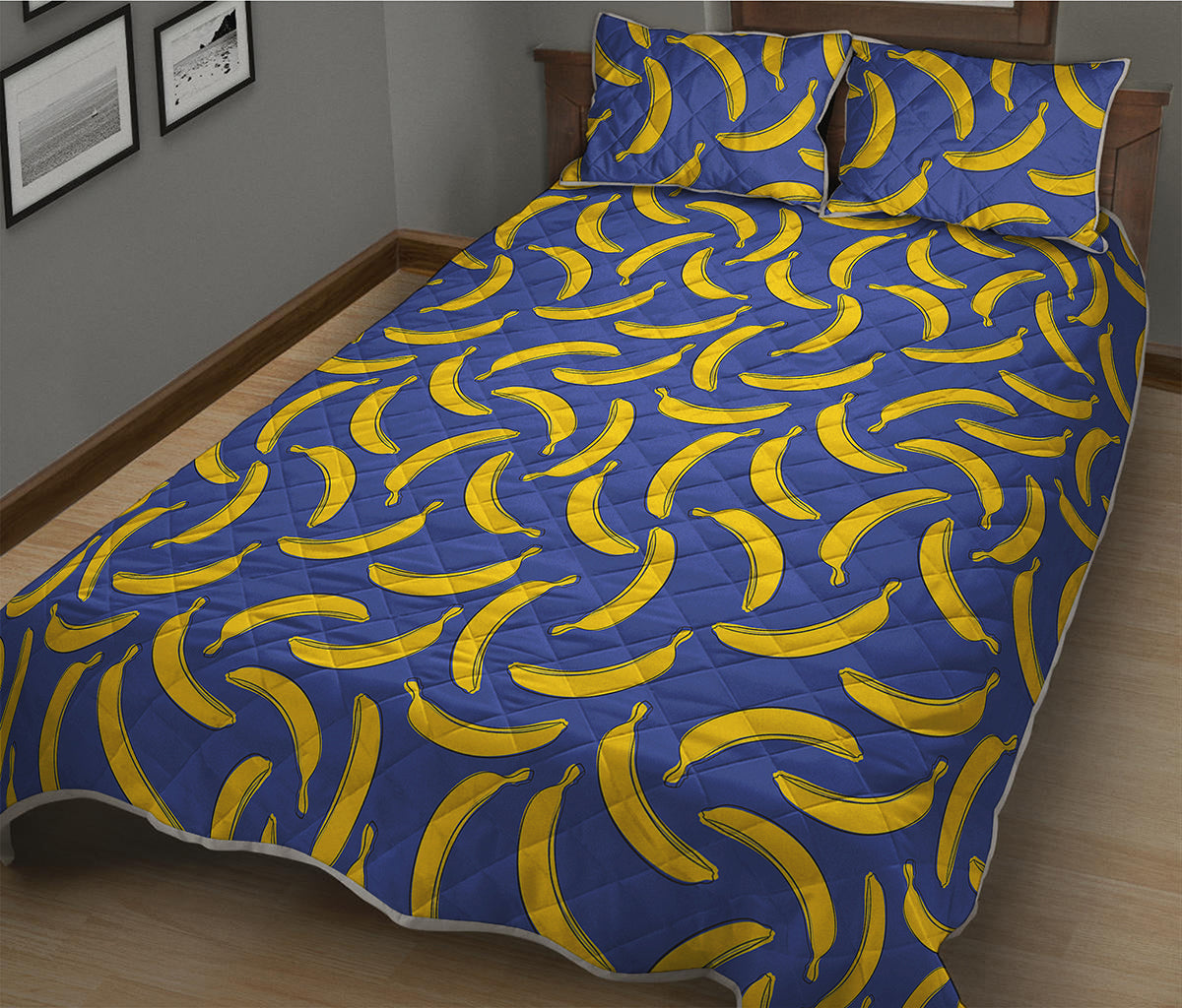 Blue And Yellow Banana Pattern Print Quilt Bed Set