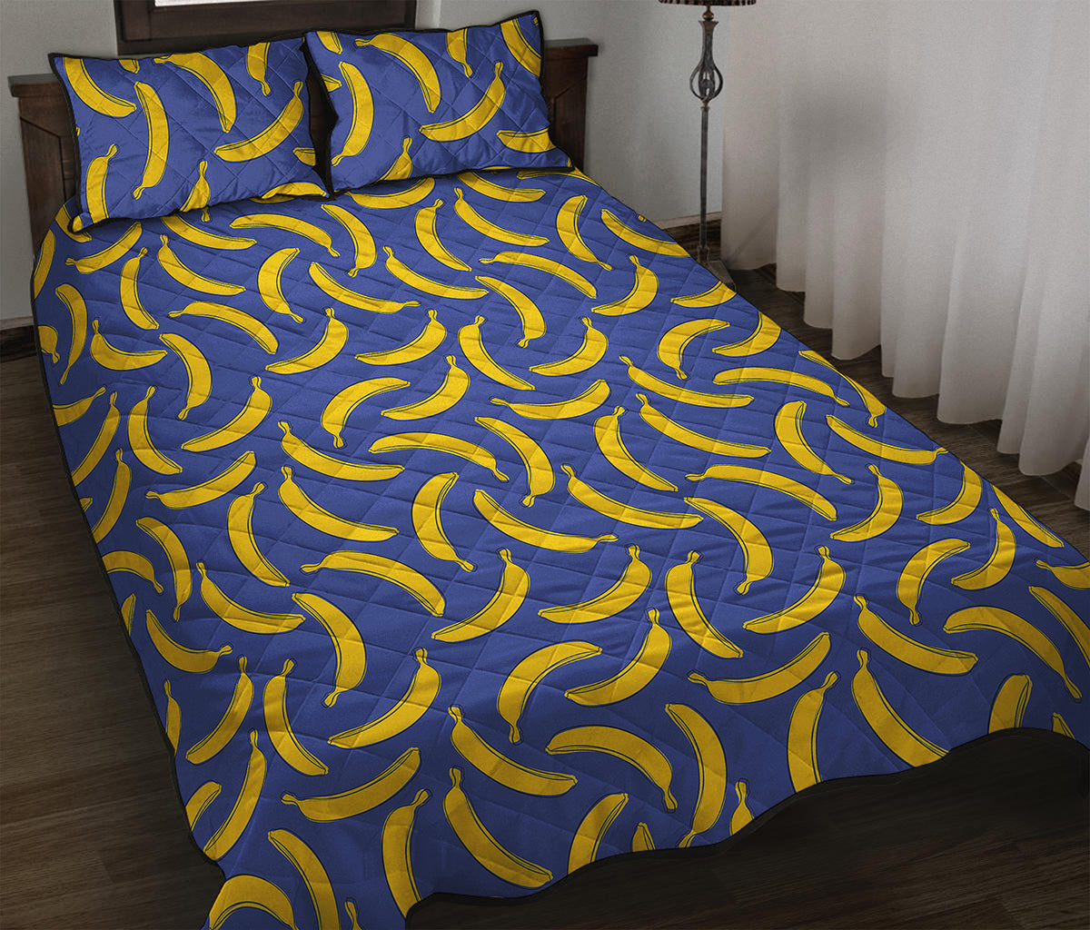 Blue And Yellow Banana Pattern Print Quilt Bed Set