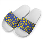Blue And Yellow Banana Pattern Print White Slide Sandals