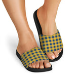 Blue And Yellow Buffalo Check Print Black Slide Sandals