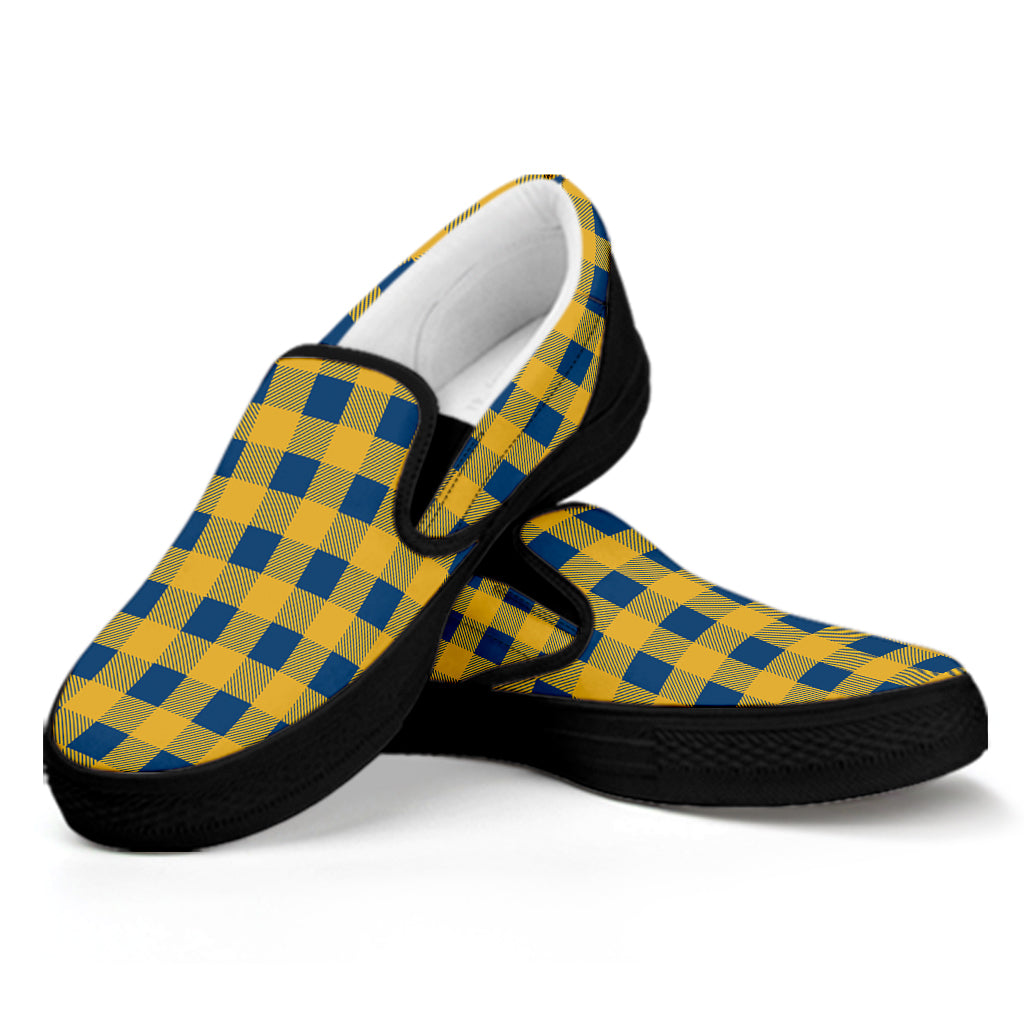 Blue And Yellow Buffalo Check Print Black Slip On Shoes