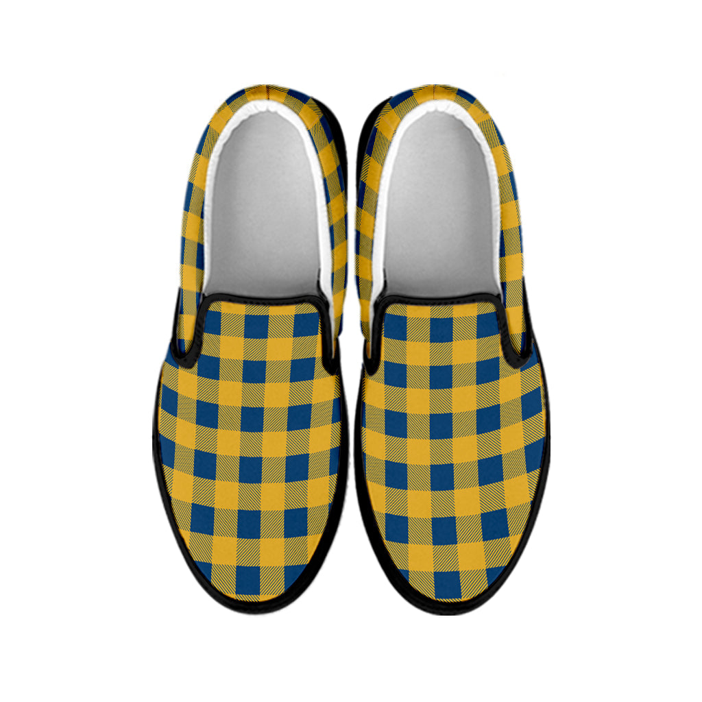 Blue And Yellow Buffalo Check Print Black Slip On Shoes