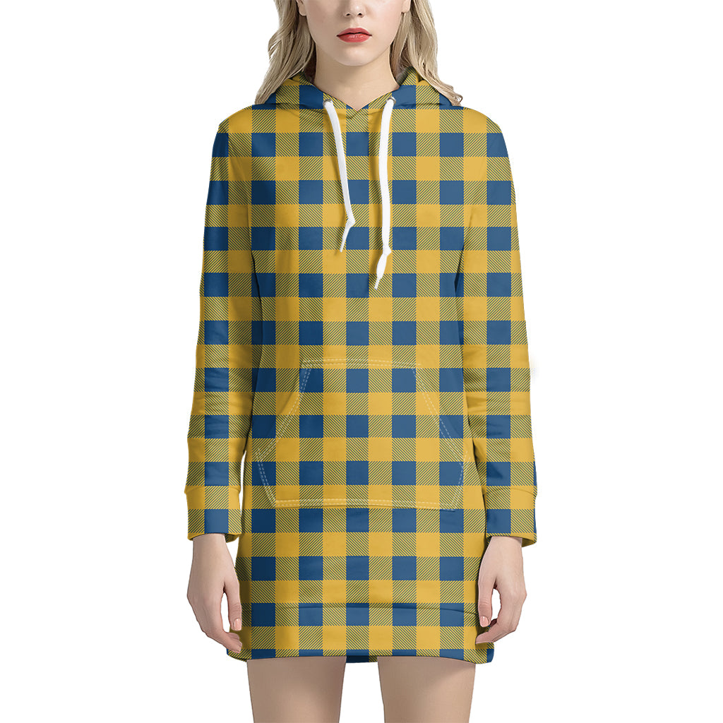 Blue And Yellow Buffalo Check Print Hoodie Dress