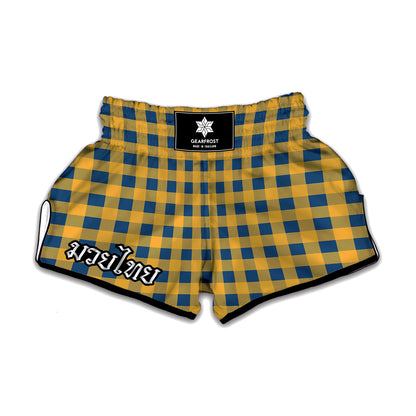 Blue And Yellow Buffalo Check Print Muay Thai Boxing Shorts