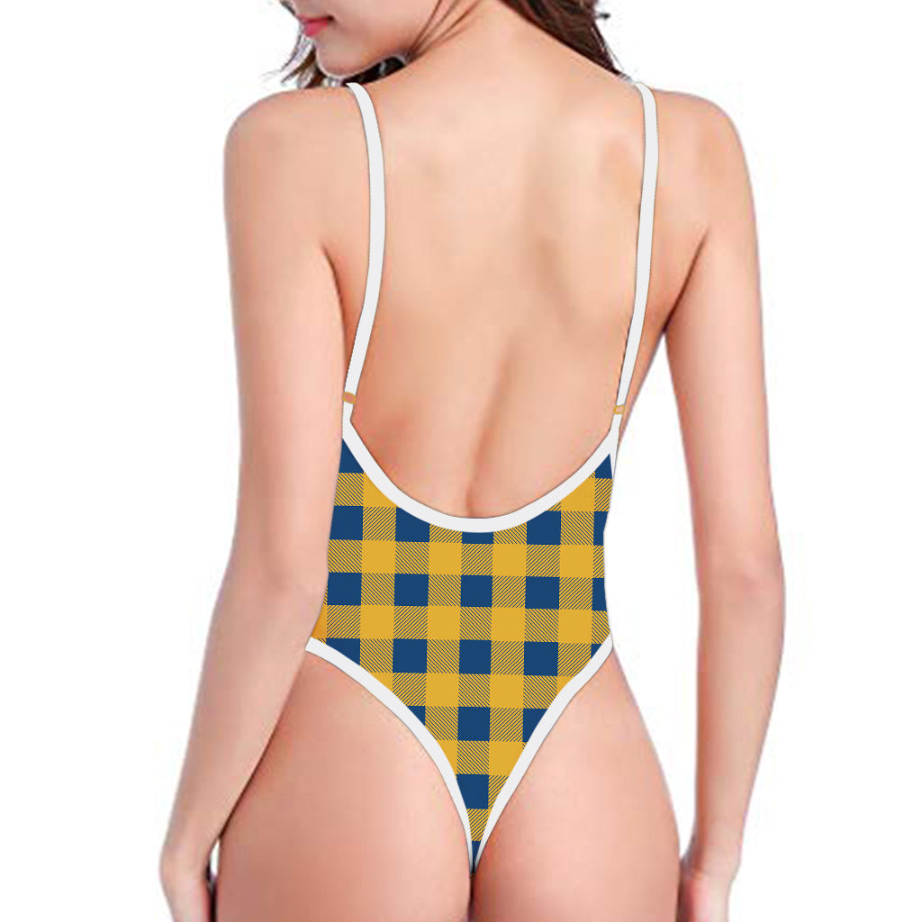 Blue And Yellow Buffalo Check Print One Piece High Cut Swimsuit