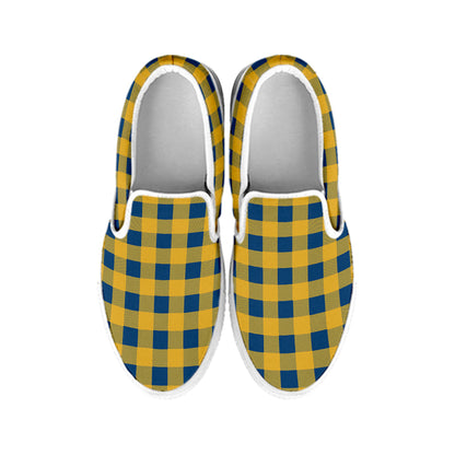 Blue And Yellow Buffalo Check Print White Slip On Shoes