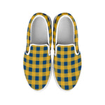 Blue And Yellow Buffalo Check Print White Slip On Shoes