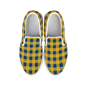 Blue And Yellow Buffalo Check Print White Slip On Shoes