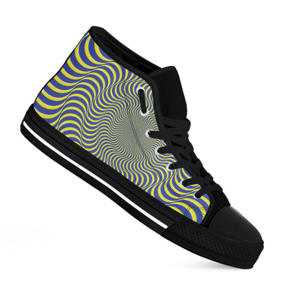 Blue And Yellow Illusory Motion Print Black High Top Shoes