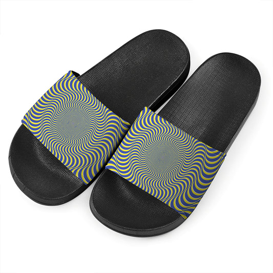 Blue And Yellow Illusory Motion Print Black Slide Sandals