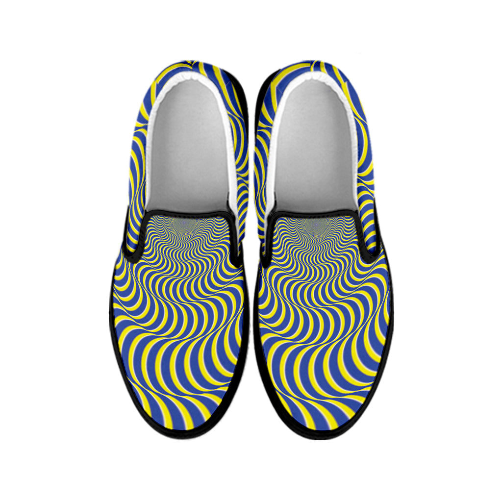 Blue And Yellow Illusory Motion Print Black Slip On Shoes