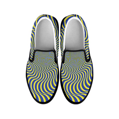 Blue And Yellow Illusory Motion Print Black Slip On Shoes