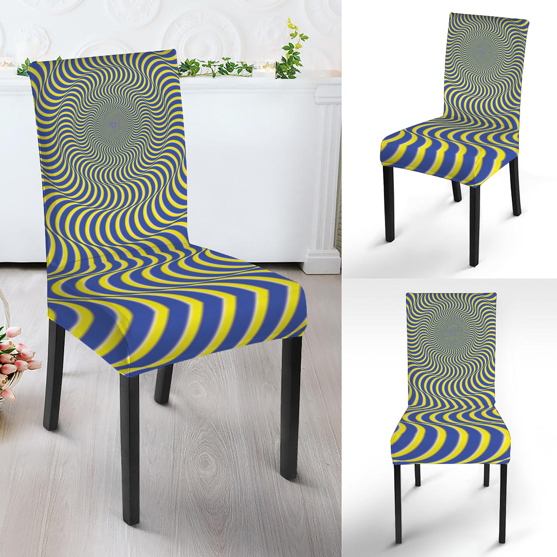Blue And Yellow Illusory Motion Print Dining Chair Slipcover