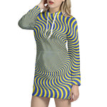Blue And Yellow Illusory Motion Print Hoodie Dress