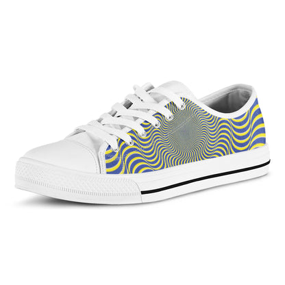 Blue And Yellow Illusory Motion Print White Low Top Shoes