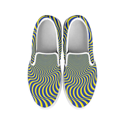 Blue And Yellow Illusory Motion Print White Slip On Shoes