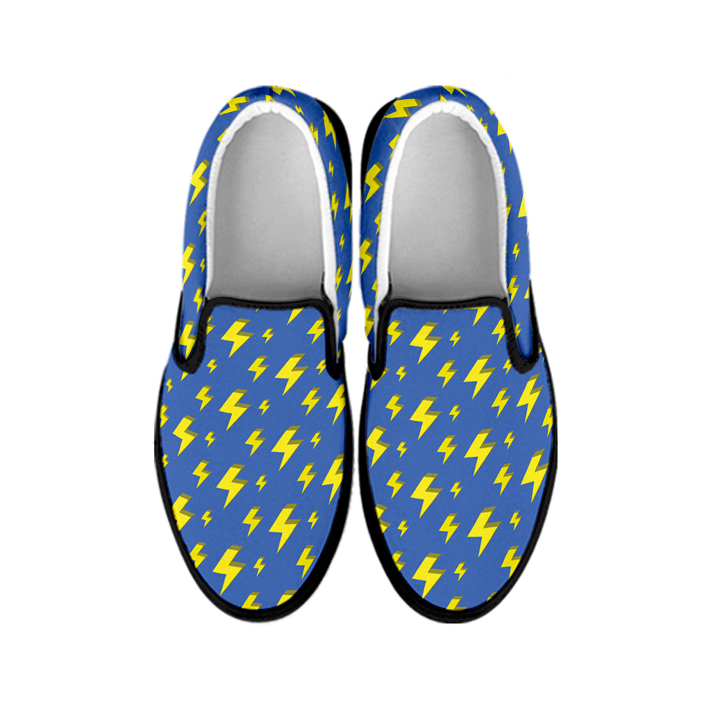Blue And Yellow Lightning Pattern Print Black Slip On Shoes