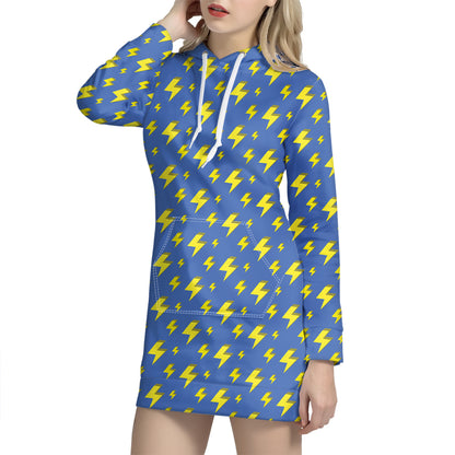 Blue And Yellow Lightning Pattern Print Hoodie Dress