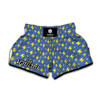 Blue And Yellow Lightning Pattern Print Muay Thai Boxing Shorts