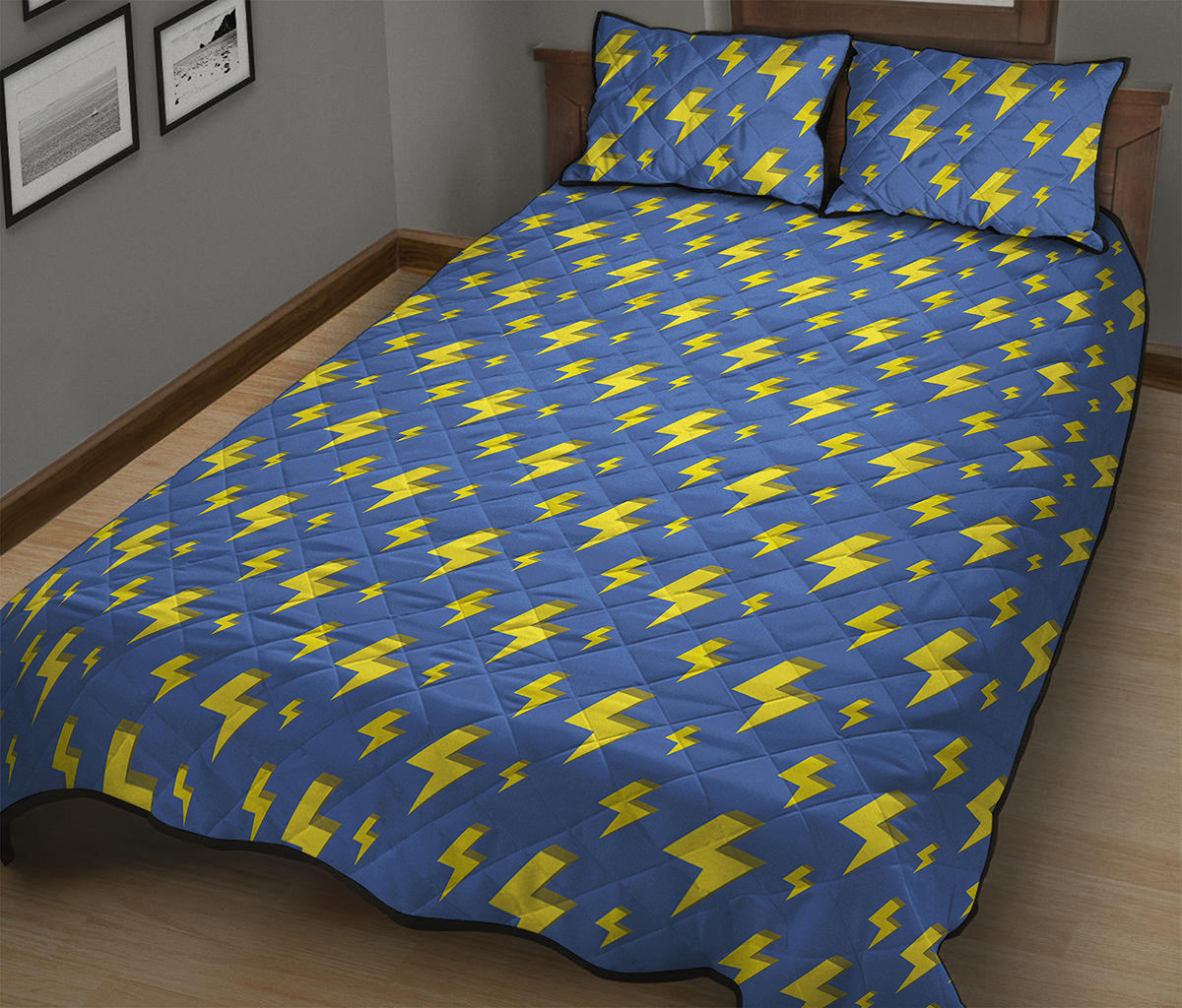 Blue And Yellow Lightning Pattern Print Quilt Bed Set