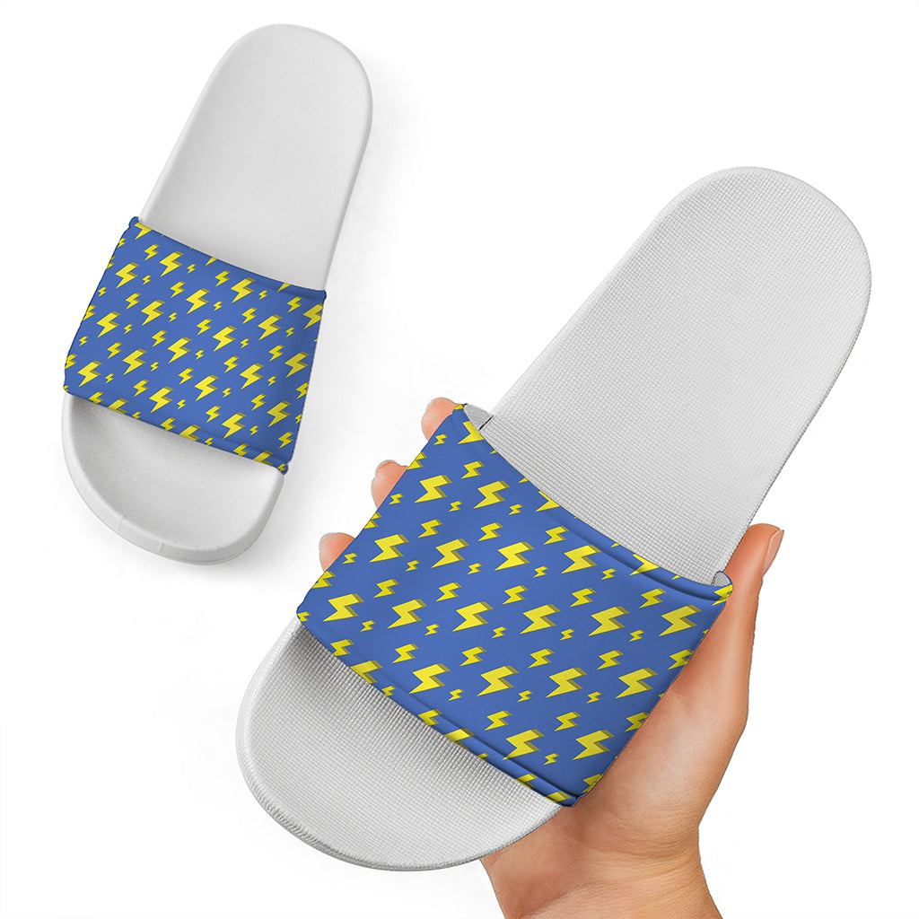 Blue And Yellow Lightning Pattern Print White Slide Sandals