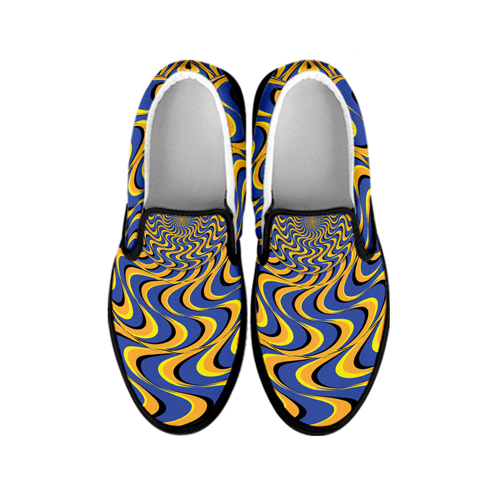 Blue And Yellow Motion Illusion Print Black Slip On Shoes