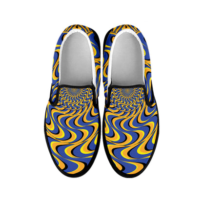 Blue And Yellow Motion Illusion Print Black Slip On Shoes
